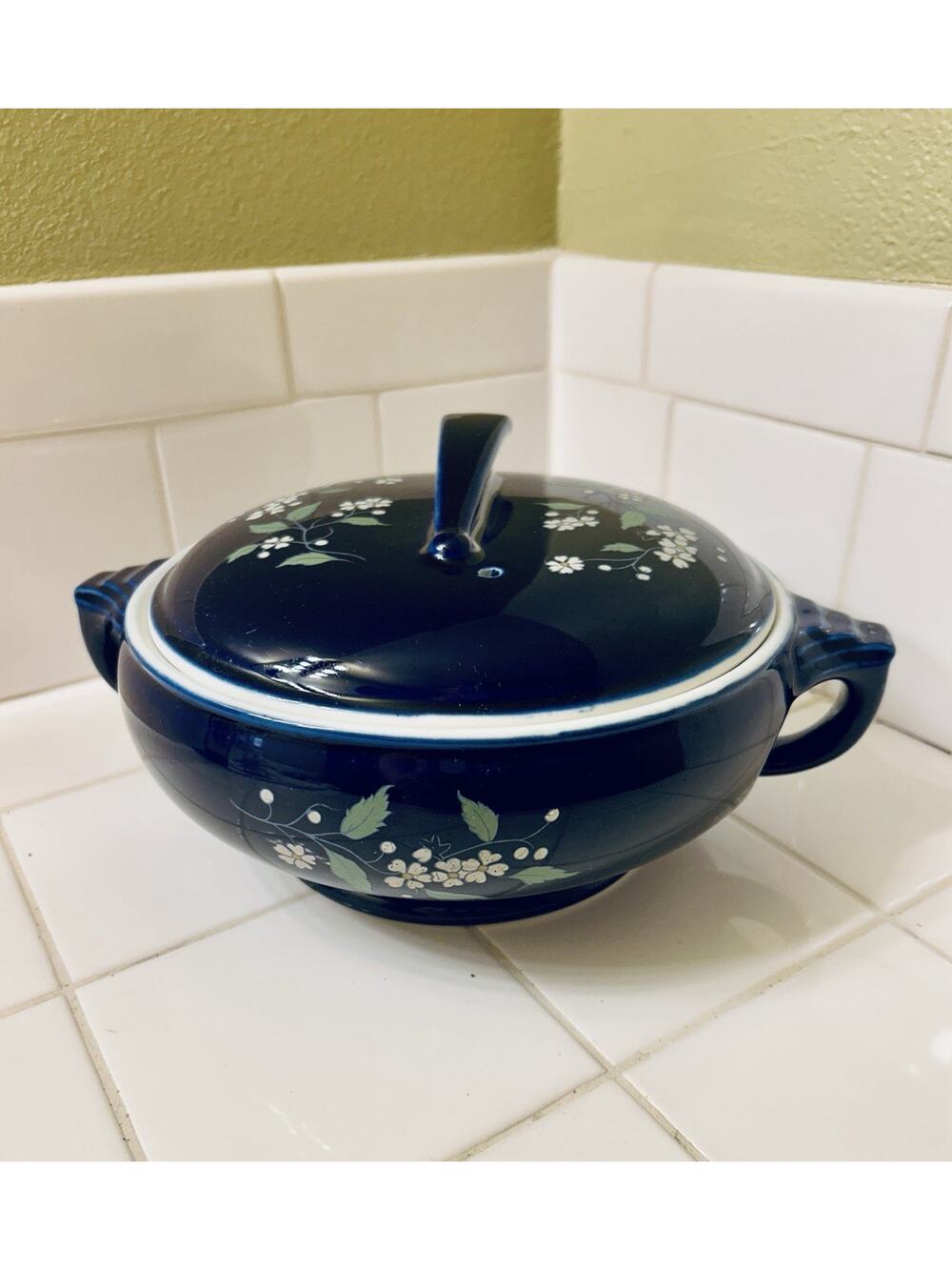 Vintage Hall 2068 Sundial Cobalt Blue Garden 1.5qt Lidded Casserole Dish USA
